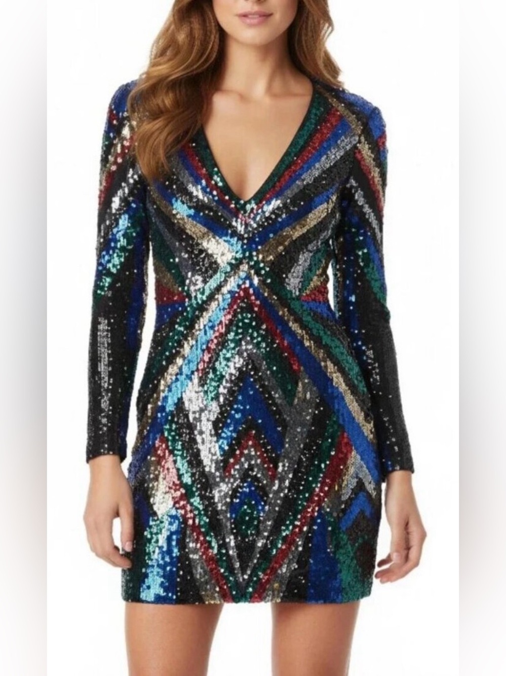 Express Long Sleeve Sequin V-Neck Dress in Black, Blue, Green, Red, Silver, Gold